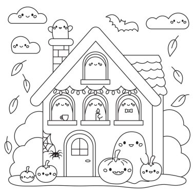 Spooky haunted house with kawaii ghosts. Cute Halloween pumpkins outline coloring page. Vector illustration for colouring book. clipart