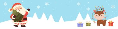 Banner with cute Santa Claus, Christmas tree, lights, reindeer and gifts. Snowy forest with snowflakes. clipart