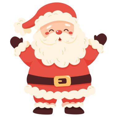 Sevimli ve neşeli bir Noel Baba ellerini sallıyor ve gülümsüyor..