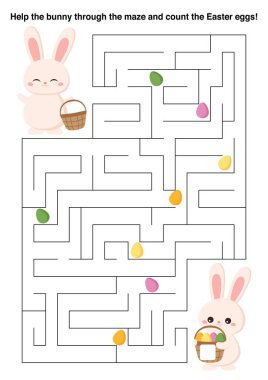 Çocuklar için şirin Paskalya tavşanı labirent oyunu. Tavşanın labirentte yolunu bulmasına ve yol boyunca Paskalya yumurtalarını saymasına yardım et. Çocuklar için vektör illüstrasyonu.