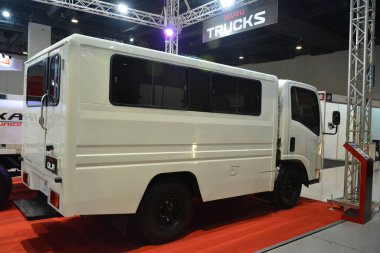 PASAY, PH - JULY 9 - Isuzu Qlr delivery van at Manila commercial vehicle show on July 9, 2022 in Pasay, Philippines. Manila commercial vehicle show is a annual truck and bus show event held in Philippines.