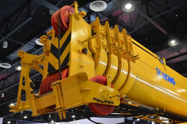 PASAY, PH - OCT 22 - Xcmg truck crane at Transport and Logistics show on October 22, 2022 in Pasay, Philippines. Transport and Logistics is a annual bus and truck show in Philippines