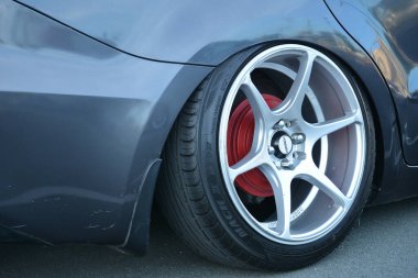 PARANAQUE, PH - FEB 11 - Toyota vios wheel at Bounce luxury car meet on February 11, 2023 in Paranaque, Philippines. Bounce luxury specializes in low riding car modification in Philippines.