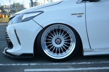 PARANAQUE, PH - FEB 11 - Toyota vios wheel at Bounce luxury car meet on February 11, 2023 in Paranaque, Philippines. Bounce luxury specializes in low riding car modification in Philippines.