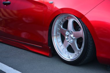 PARANAQUE, PH - FEB 11 - Toyota vios wheel at Bounce luxury car meet on February 11, 2023 in Paranaque, Philippines. Bounce luxury specializes in low riding car modification in Philippines.