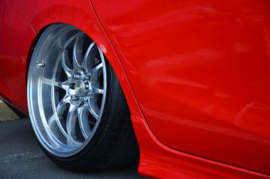 PARANAQUE, PH - FEB 11 - Toyota vios wheel at Bounce luxury car meet on February 11, 2023 in Paranaque, Philippines. Bounce luxury specializes in low riding car modification in Philippines.