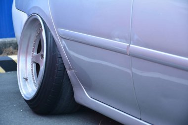 PARANAQUE, PH - FEB 11 - Toyota vios wheel at Bounce luxury car meet on February 11, 2023 in Paranaque, Philippines. Bounce luxury specializes in low riding car modification in Philippines.