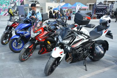 PARANAQUE, PH - FEB 11 - Kawasaki z400 motorcycle at overtake motor show in Paranaque, Philippines. Overtake is a motorcycle show held in Philippines