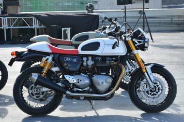 PARANAQUE, PH - FEB 11 - Triumph Thruxton R at overtake motor show in Paranaque, Philippines. Overtake is a motorcycle show held in Philippines