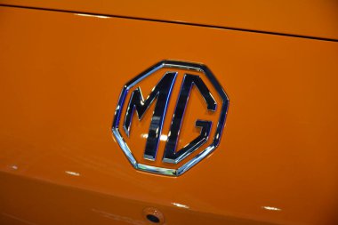 Pasay, PH-OCT 21 - MG amblemi 21 Ekim 2023 'te Pasay, Filipinler' de yapılan elektrikli araç zirvesinde. Phil elektrikli araç zirvesi, Filipinler 'de her yıl düzenlenen bir otomobil fuarıdır..