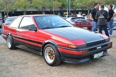 MUNTINLUPA, PH - JAN 28 - Toyota trueno ae86 at Neo classic car show on January 28, 2024 in Muntinlupa, Philippines. Neo classic is a aftermarket car show event held in Philippines. clipart