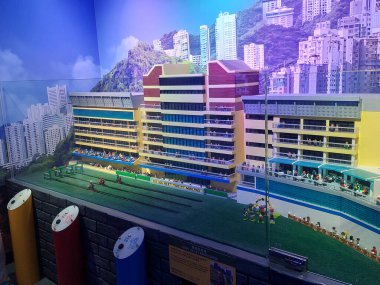 TSIM SHA TSUI, HK - MAY 28 - Happy valley racecourse at Legoland discovery centre on May 28, 2024 in Tsim Sha Tsui, Hong Kong. Legoland discovery centre is a playground that offers interactive lego experience in Hong Kong. clipart