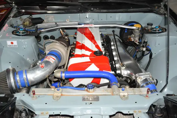 stock image QUEZON CITY, PH - AUG 10 - Nissan 240sx engine at wheels united expo on August 10, 2024 in Quezon City, Philippines. Wheels united is a car show event held in Philippines.