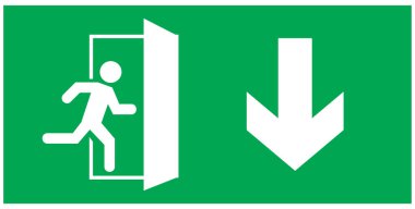 Acil çıkış işareti, kapıdan kapıya koşan adam simgesi, yeşil renk, ok vektörü, uyarı levhası acil durum işareti izole edilmiş arka plan