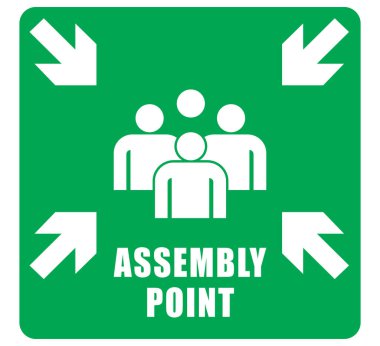Acil tahliye noktası işareti, yeşil renk. Güvenlik uyarı levhası vektörü. uyarı illüstrasyonu