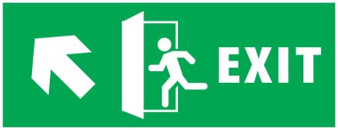 Acil çıkış işareti, kapıdan kapıya koşan adam simgesi, yeşil renk, ok vektörü, uyarı levhası acil durum işareti izole edilmiş arka plan