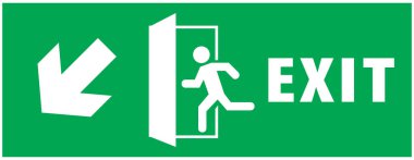 Acil çıkış işareti, kapıdan kapıya koşan adam simgesi, yeşil renk, ok vektörü, uyarı levhası acil durum işareti izole edilmiş arka plan