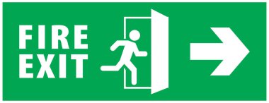 Acil çıkış ve yangın çıkışı işaretleri, koşan adam simgesi, yeşil renk, ok vektörü, uyarı levhası