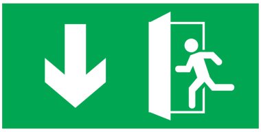 Acil çıkış işareti, kapıdan kapıya koşan adam simgesi, yeşil renk, ok vektörü, uyarı levhası acil durum işareti izole edilmiş arka plan