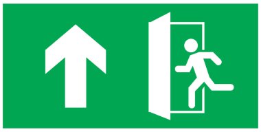Acil çıkış işareti, kapıdan kapıya koşan adam simgesi, yeşil renk, ok vektörü, uyarı levhası acil durum işareti izole edilmiş arka plan
