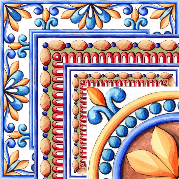 Акварельний Орнамент Керамічної Плитки Шпалер Текстилю Майоліки — стокове фото