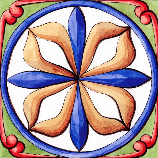 セラミックタイル マヨリカのための水彩装飾 — ストック写真