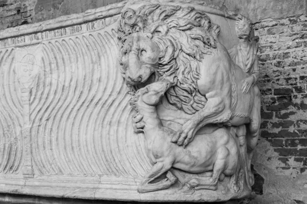 黑白照片 在大理石墙上雕刻的特写石雕中显示狮子捕食马 — 图库照片