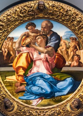 Close-up on renaissance painting showing Jesus as boy with his parents