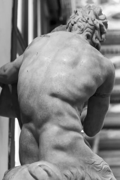 Black and white photo showing the muscular male back of a stone statue