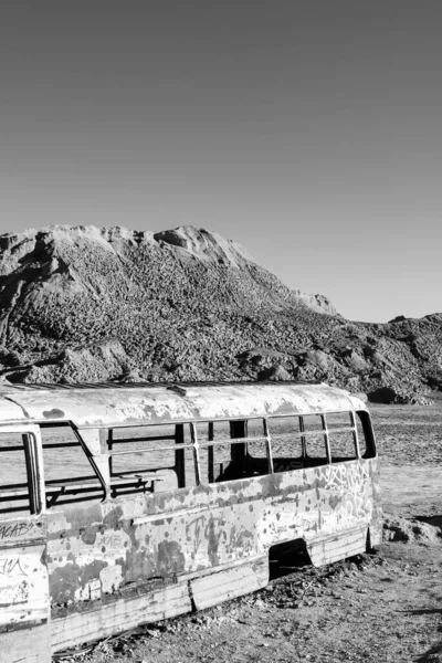 Black and white photo of Magic bus at Vallecito in Atacama desert