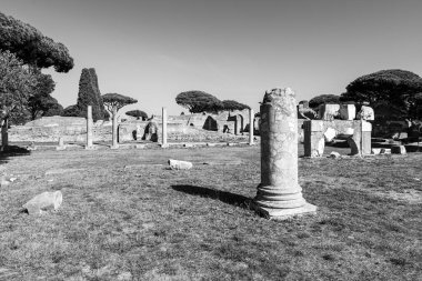 İtalya 'daki arkeoloji parkındaki harabelerin siyah beyaz fotoğrafı