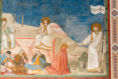 Klasik resimde, İsa 'nın beyaz bir bayrağı elinde tutarken diz çöken bir kadın tarafından gözlemlendiği dini bir sahne var. 