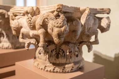 Antik Roma sütununun temelini süsleyen oyulmuş hayvan heykellerine yakından bakın.