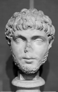 Siyah ve beyaz fotoğraf, mermer kafanın, antik Roma heykelinin, sakallı bir gencin portresini çektiğini gösteriyor.