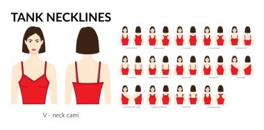 Yaka askılı kıyafetler. Üstler, Cami, tek omuz, kepçe, yarışçı, V yaka, kapüşon, kemer takılı teknik tasvirler. Düz giyim şablonu. Kadın ve erkek unisex CAD modeli