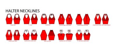 Yaka askısı kıyafetleri. Üstler, bluzlar, gömlekler tatlım, ön kravat, kepçe, V yaka teknik moda illüstrasyonu. Düz giyim şablonu önde, arkada. Kadın ve erkek unisex CAD modeli