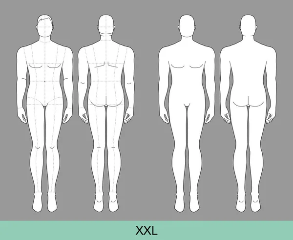 stock vector Set of XXL Size Men Fashion template 9 nine head size with and without main line Croquis extra large plus size Gentlemen model Curvy body figure front, side, 3-4, back view. Vector outline boy