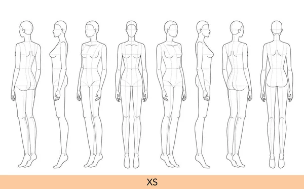 Ensemble Taille Femme Modèle Mode Tête Croquis Lady Modèle Corps — Image vectorielle