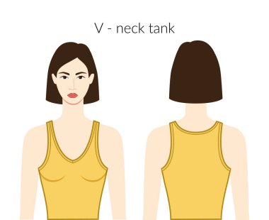 V yaka kollu elbise, sarı bluzlu güzel bayan, gömlek, teknik moda illüstrasyonuyla uyumlu vücut. Düz giyim şablonu önde, arkada. Kadın ve erkek unisex CAD modeli