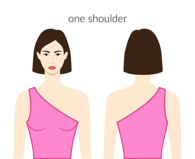 Bir omuz hizasında kolsuz elbise pembe bluzlu güzel bayan, gömlek, teknik moda resimli vücut. Düz giyim şablonu önde, arkada. Kadın ve erkek unisex CAD modeli