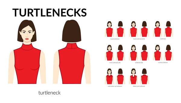 Set Necklines Turtlenecks Clothes Sweaters Tops Ribbed Knit Funnel Neck — Stock Vector