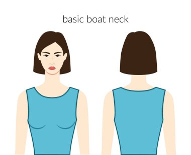 Aqua Top 'lu güzel kadın, gömlek, teknik moda illüstrasyonunu vücuduna uydurmuş. Düz giyim şablonu önde, arkada. Kadın ve erkek unisex CAD modeli