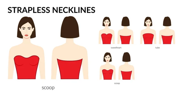Set Necklines Strapless Clothes Sweetheart Scoop Tube Top Dress Shirt — Stock Vector