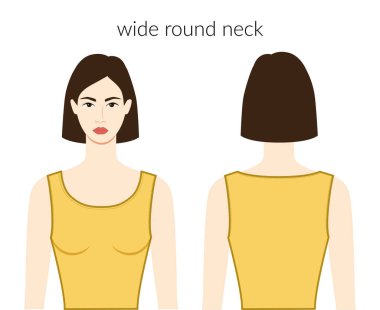 Geniş, yuvarlak yakalı, sarı bluzlu, tişörtlü güzel bir kadın. Teknik moda illüstrasyonuna uygun bir vücut. Düz giyim şablonu önde, arkada. Kadın ve erkek unisex CAD modeli