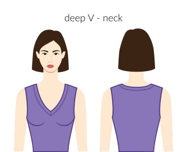 Koyu V yakalı kıyafetler, kazaklar Lavanda bluzlu güzel bir bayan, gömlek, teknik moda çizimleri ve uygun bir vücut. Düz giyim şablonu önde, arkada. Kadınlar, erkekler CAD