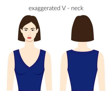 Abartılı V yaka örgüleri, süveter giysisi, mavi bluzlu güzel bayan, gömlek, teknik moda illüstrasyonları. Düz giyim şablonu önde, arkada. Kadın erkek unisex CAD modeli
