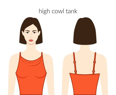 Uzun yakalı kolsuz elbise, turuncu bluzlu güzel bayan, gömlek, teknik moda resimli vücut. Düz giyim şablonu önde, arkada. Kadın ve erkek unisex CAD modeli