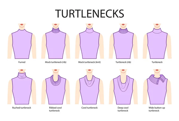 Set Necklines Turtlenecks Clothes Sweaters Tops Ribbed Knit Funnel Neck — Stock Vector