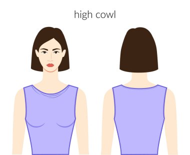 Uzun yakalı, yakalı, lavanda bluzlu, gömlekli güzel bir kadın. Teknik moda illüstrasyonunu vücuduna uydurmuş. Düz giyim şablonu önde, arkada. Kadın ve erkek unisex CAD modeli