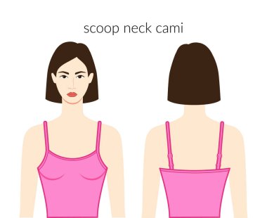 Yaka kepçesi kolye giysisi pembe bluzlu, gömlekli güzel bayan, teknik moda tasviri ile uyumlu vücut. Düz giyim şablonu önde, arkada. Kadın, erkek unisex CAD